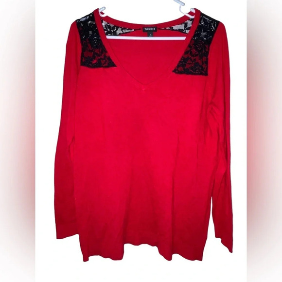 Torrid Plus Black Lace Inset Long Sleeve Sweater Top Red Size 1X Holiday Wear - Picture 5 of 5